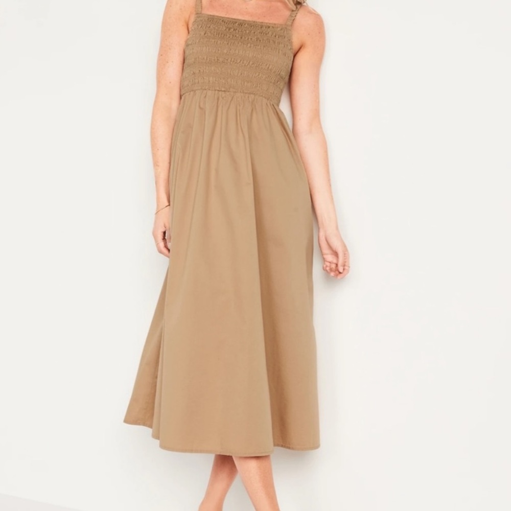 Tan Smocked-Bodice Midi Dress